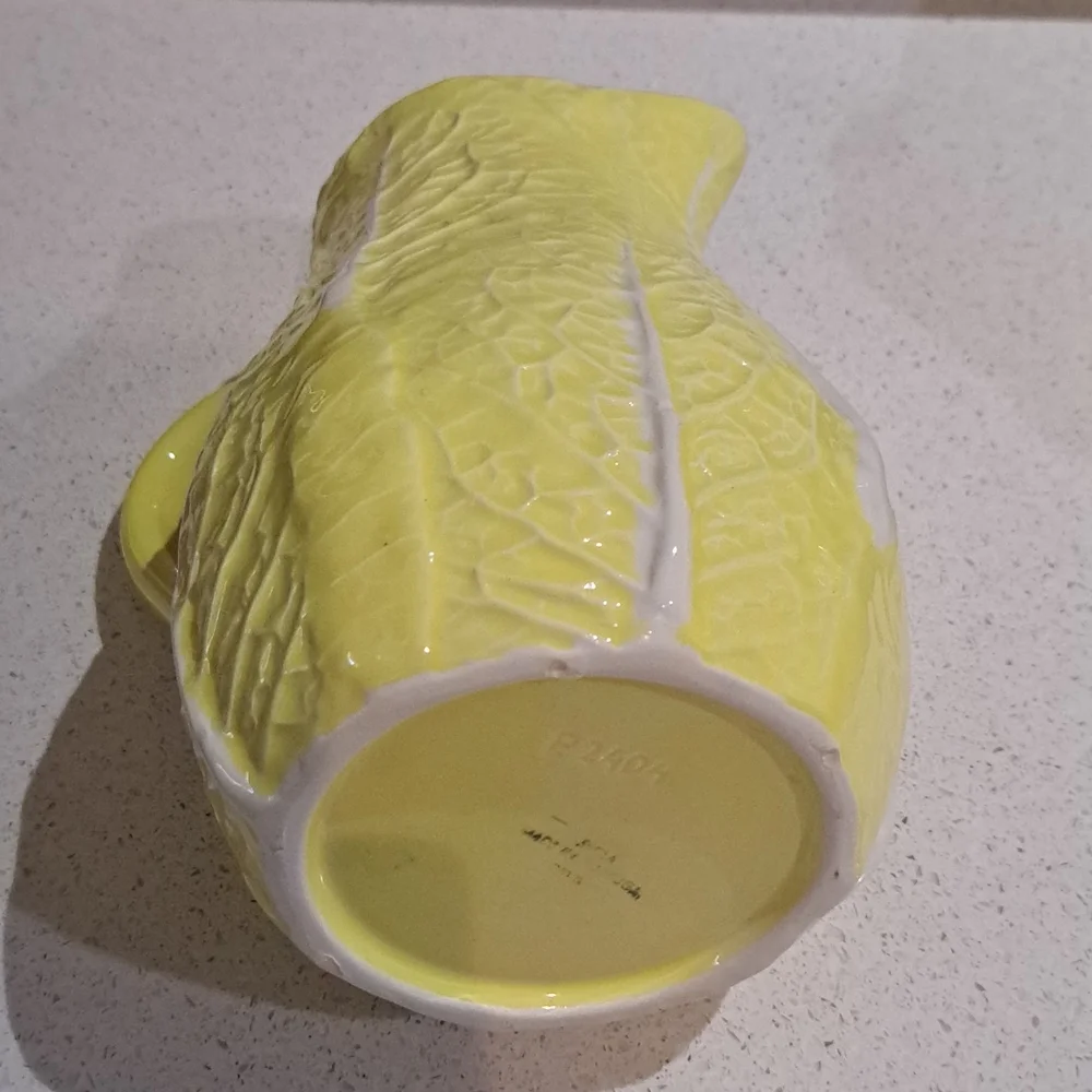 Vintage Majolica Yellow Cabbage Soup Tureen W/ Laddle & Pitcher